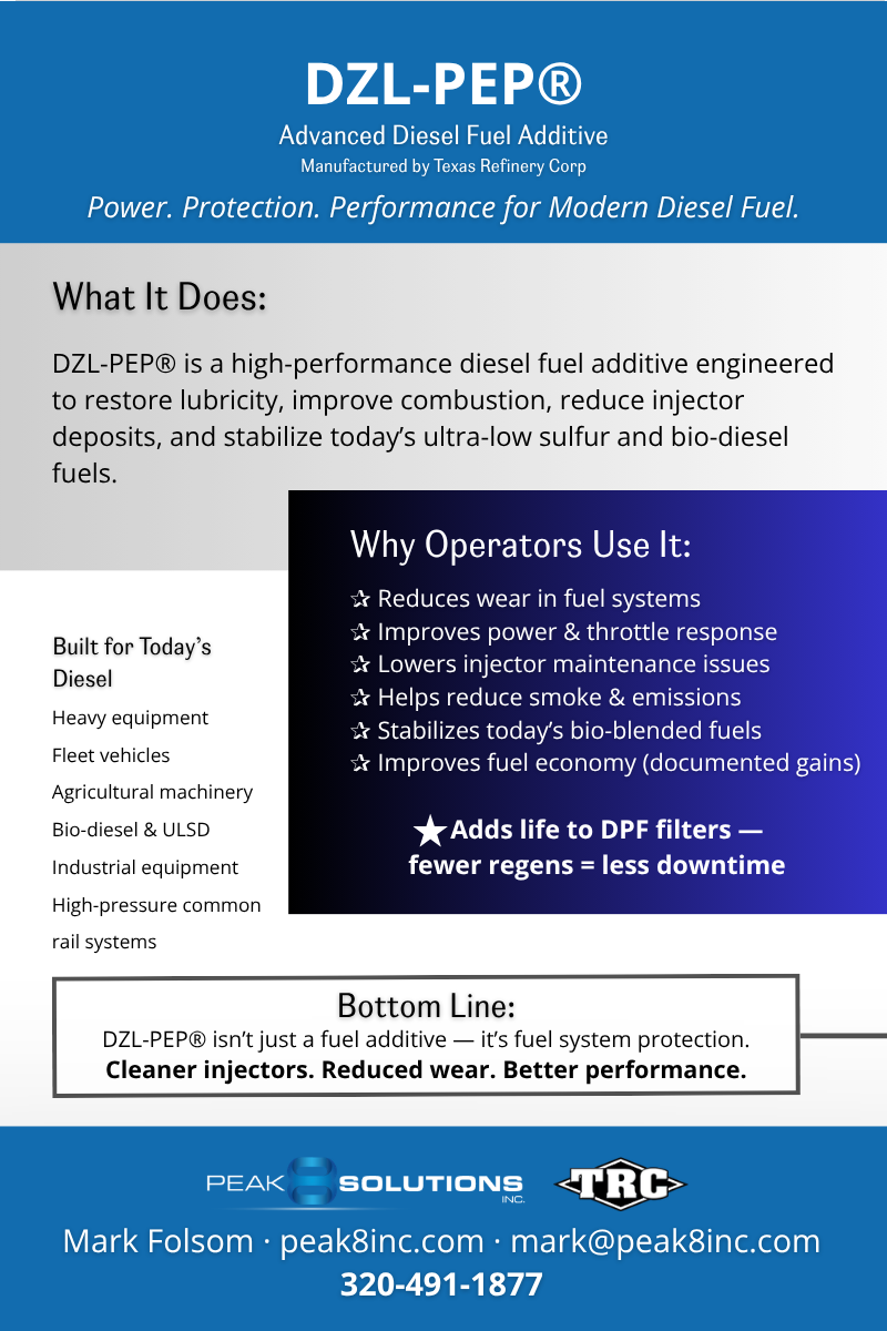 Flyer promoting benefits of DLZ-PEP diesel fuel additive manufactured by Texas Refinery Corp and distributed by Peak 8 Solutions.